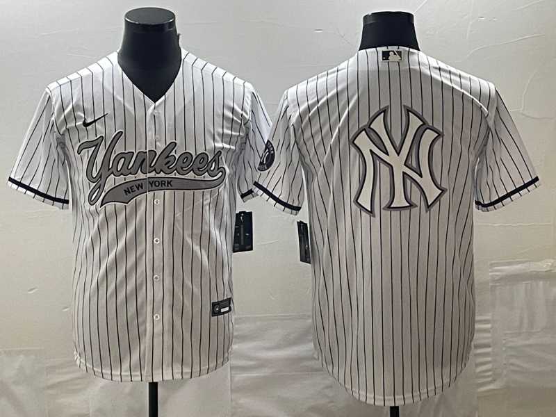 Men%27s New York Yankees Big Logo White Pinstripe Cool Base Stitched Baseball Jerseys->new york yankees->MLB Jersey